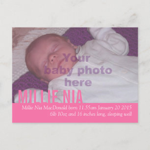 Modern baby girl pink photo announcement postcard