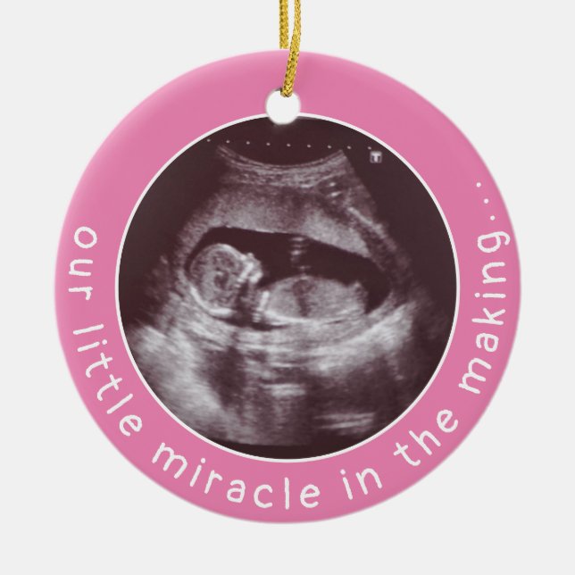 Modern Baby Girl Pink Ultrasound 2 Photo Miracle Ceramic Ornament (Front)