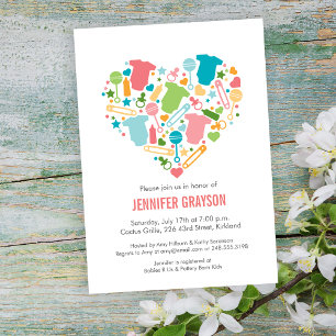 Modern Baby Heart Pink Aqua Yellow Baby Shower Invitation