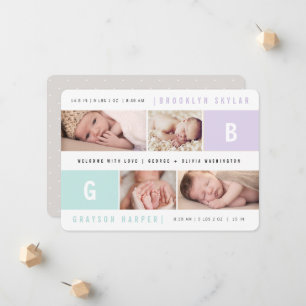 Modern Baby Monograms Boy Girl Twins Photo Birth Announcement