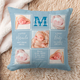 Modern Baby Personalised 5 Photo Collage Blue Cushion