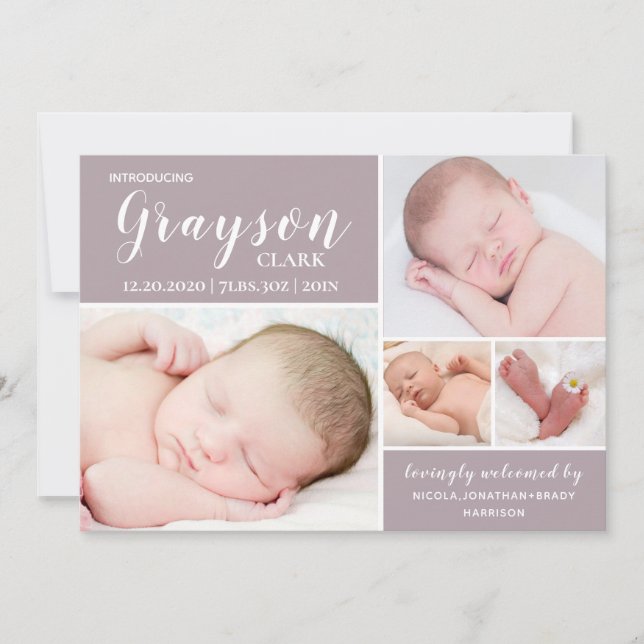 Modern Baby Photo Collage Dusty Purple Birth  Announcement (Front)