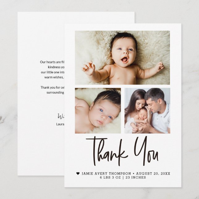 Modern Baby Photo Collage Newborn Thank You Card (Front/Back)