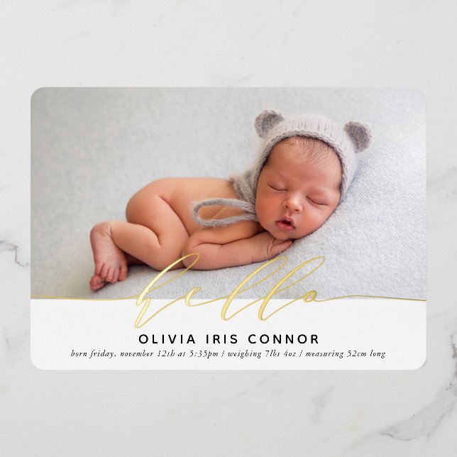 MODERN BABY PHOTO elegant minimalist hello script  (Front)