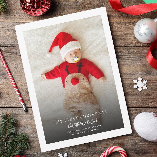 Modern Baby Photo First Christmas Birth Holiday Card (1st Christmas Baby Photo Birth Stats Holiday Greeting Card)