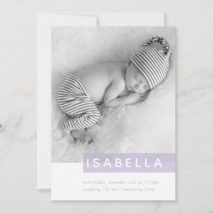 MODERN BABY PHOTO simple girl lilac panel overlay Announcement