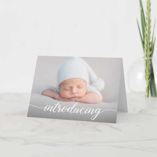 Modern Baby Photo Stats Introducing Script Card (Front)
