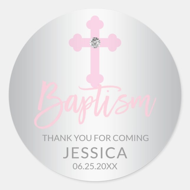 Modern Baby Pink Cross Baptism Girl Thank You Classic Round Sticker (Front)