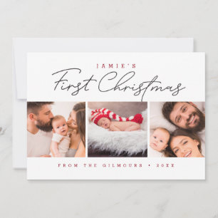 Modern Baby’s First Christmas 3 Photos Red white Holiday Card