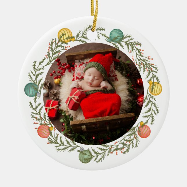 Modern Baby’s First Christmas Photo Holiday Ceramic Ornament (Front)