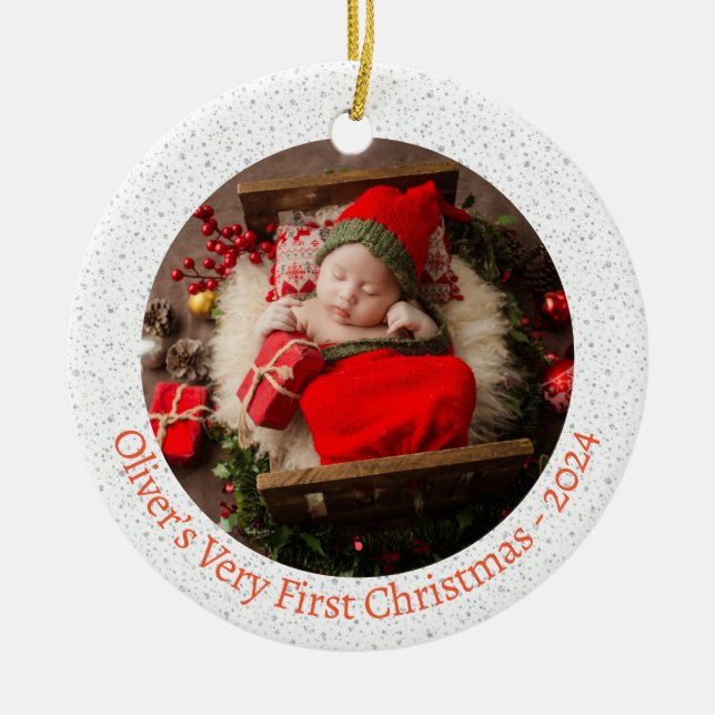Modern Baby’s First Christmas Photo Holiday Ceramic Ornament (Front)