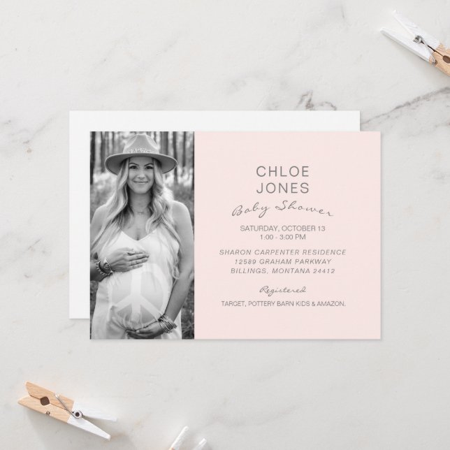 Modern Baby Shower B/W Photo Champagne Pink  Invitation (Front/Back In Situ)