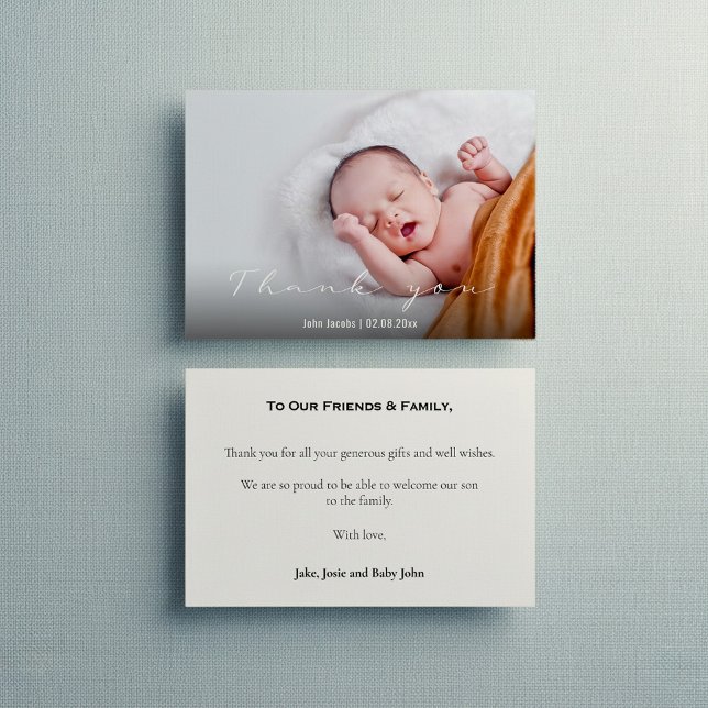 Modern baby shower, baby boy, thank you card (Modern baby shower, baby boy, thank you card with message and full cover photo.)