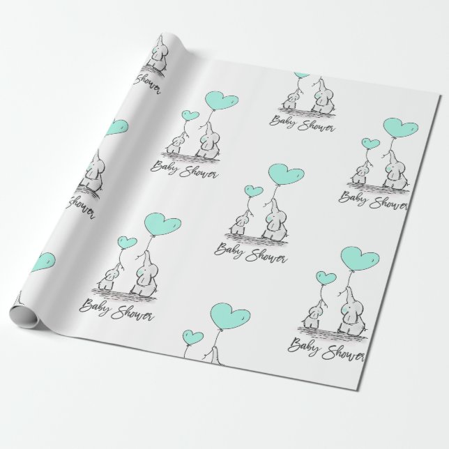 Modern BABY SHOWER Elephant MINT & Grey Gift Wrapping Paper (Unrolled)