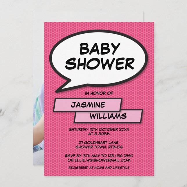 Modern Baby Shower Fun Photo Baby Girl Pink Invitation (Front/Back)
