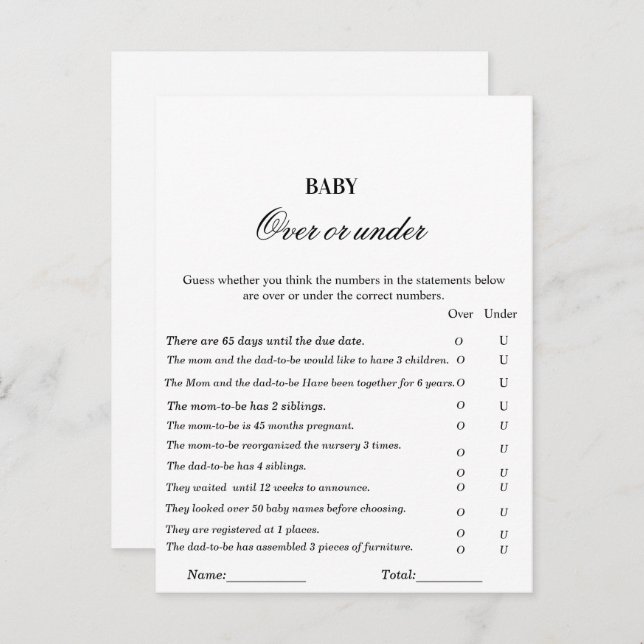 Modern baby shower game over or under game postcard (Front/Back)