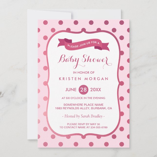 Modern Baby Shower Girly Magenta Pink Polka Dots Invitation (Front)