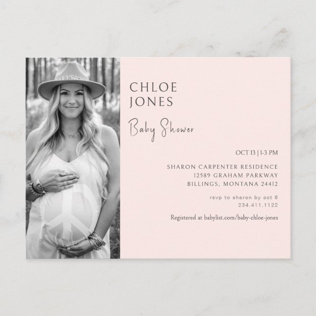 Modern Baby Shower Mum Photo Blush Invitation Postcard (Front)