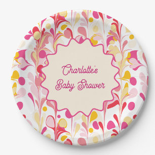 Modern Baby Shower Retro Abstract Pink Wavy Paper Plate