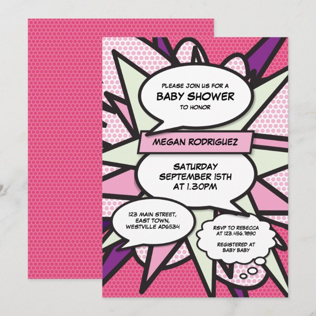Modern Baby Shower Sprinkle Girl Pink Comic Book Invitation (Front/Back)
