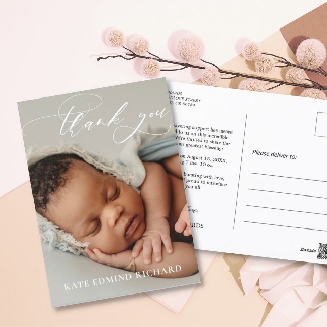 Modern Baby Shower Thank Photo Birth Announcement  Postcard (Creator Uploaded)