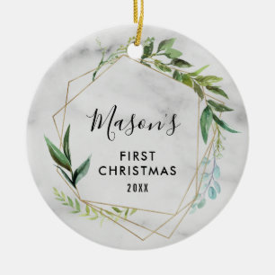 Modern Baby's 1st Christmas Baby Boy Photo Ceramic Ornament