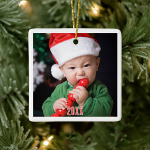 Modern Baby's First Christmas Photo Ceramic Cerami Ornament