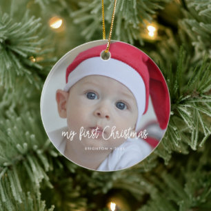 Modern Baby's First Christmas photo Ceramic Ornament