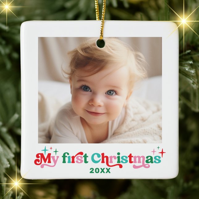 Modern Baby's First Christmas Photo Ceramic Ornament (My first christmas ornament)