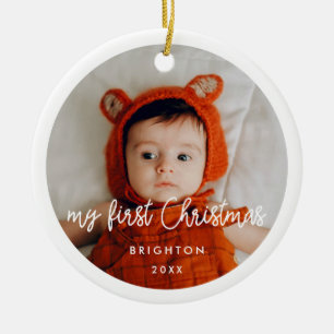 Modern Baby's first Christmas photo Ceramic Ornament