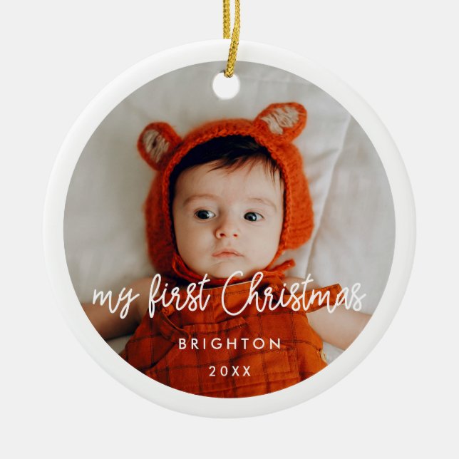 Modern Baby's first Christmas photo Ceramic Ornament (Front)