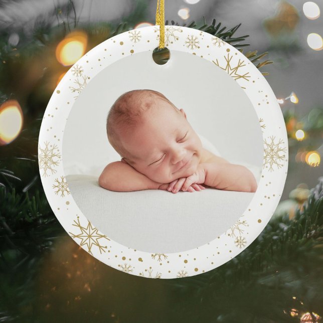 Modern Babys First Christmas Photo Gold Snowflakes Ceramic Ornament (Creator Uploaded)