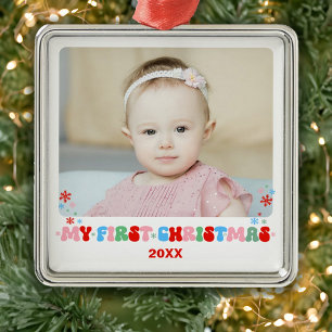 Modern Baby's First Christmas Photo Metal Ornament
