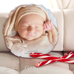 Modern Baby's First Christmas Photo Round Cushion