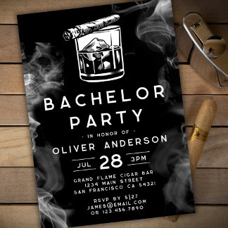 Modern Bachelor Party Cigars and Whiskey Black Invitation