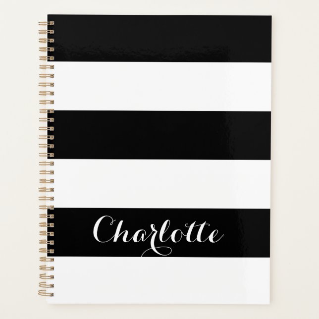 Modern back white striped custom script name planner (Front)