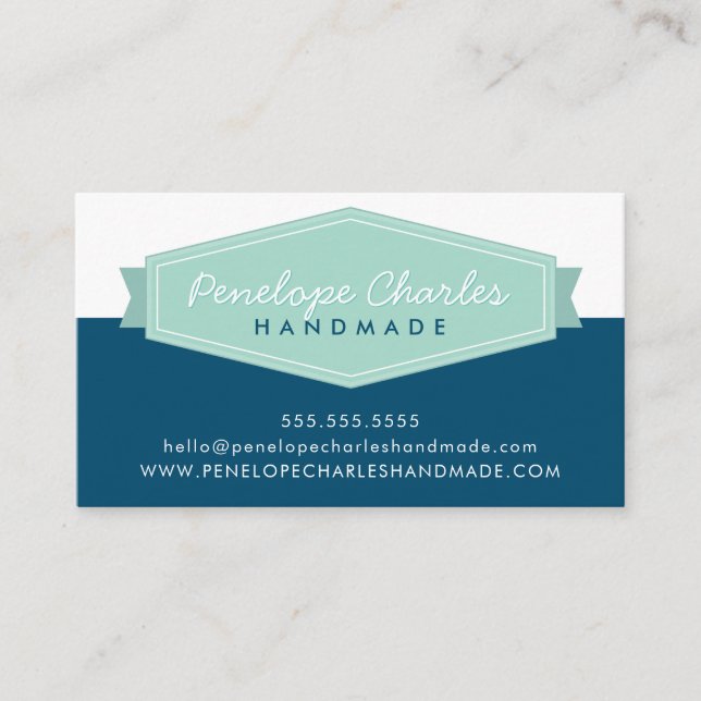 MODERN BADGE LOGO retro pastel mint dark blue Business Card (Front)