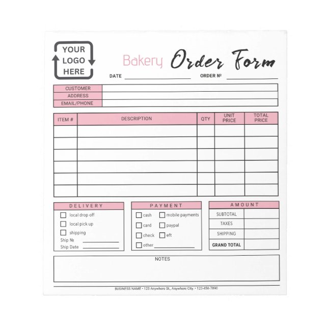 Modern Bakery Cafe Pink Order Form Notepad (Front)