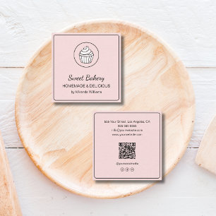 Modern Bakery Cupcake Logo QR Social Media Pink Square Business Card