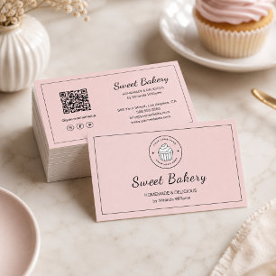 Modern Bakery Logo QR Social Media Icons Pink Business Card
