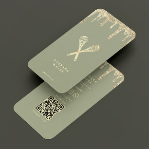 Modern Bakery Patisserie Sage Gold Whisk Drip Business Card