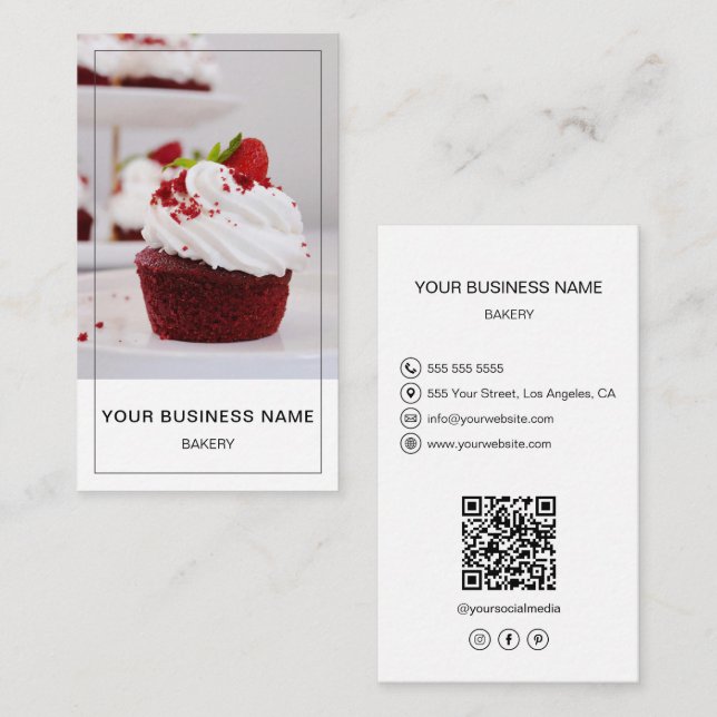 Modern Bakery Photo QR Social Media Icons White Business Card (Front/Back)