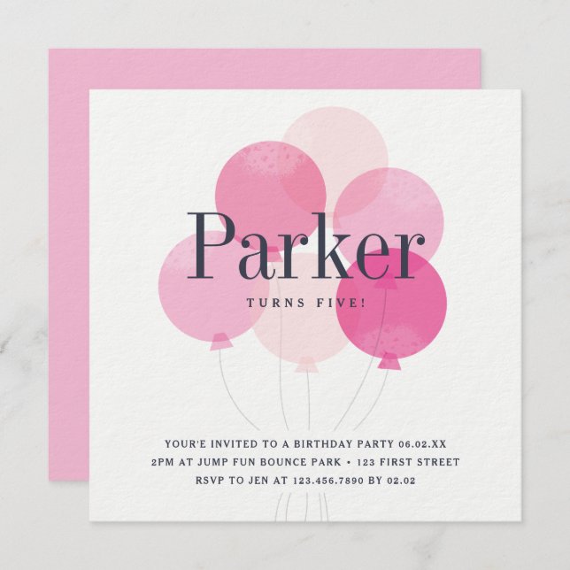 Modern Ballon Bunch Pink Birthday Party Invitation (Front/Back)