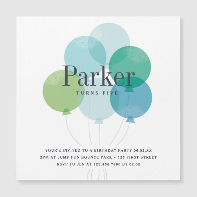 Modern balloon boys birthday party invitation (Front)