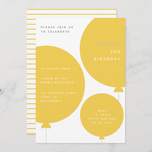 Modern Balloon | Yellow Kids Birthday Party Invitation (Front/Back)