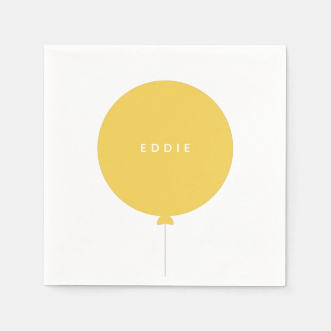Modern Balloon | Yellow Kids Birthday Party Name Napkin (Front)