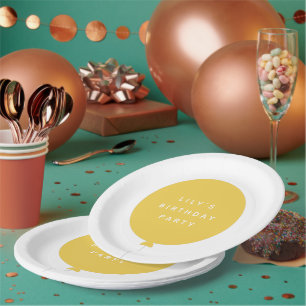 Modern Balloon Yellow Kids Birthday Party Name Paper Plate