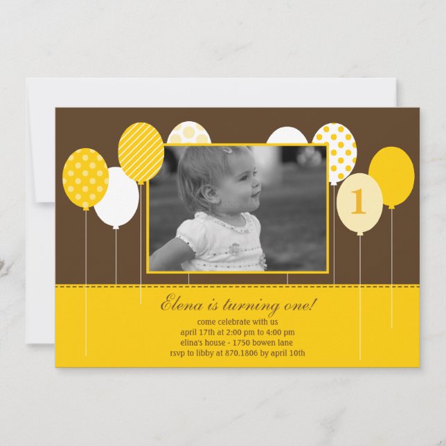 Modern Balloons Photo Birthday Invitation - Yellow (Front)