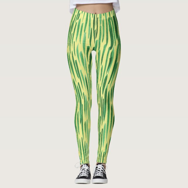  Modern Bamboo Pattern Jungle Vibe Green Stripes  Leggings (Front)