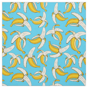 Modern Bananas Pattern Fruit Print on Aqua Blue Fabric